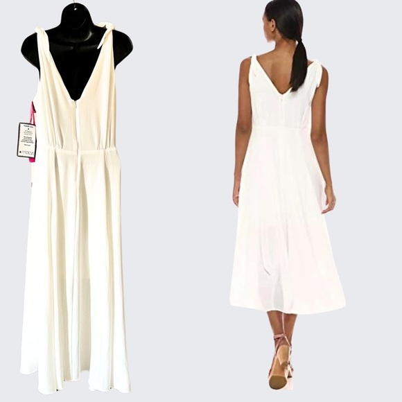 Betsey Johnson [Size 12 - NWT] White Pebble Crepe Shoulder Tie Midi Dress - Picture 2 of 10